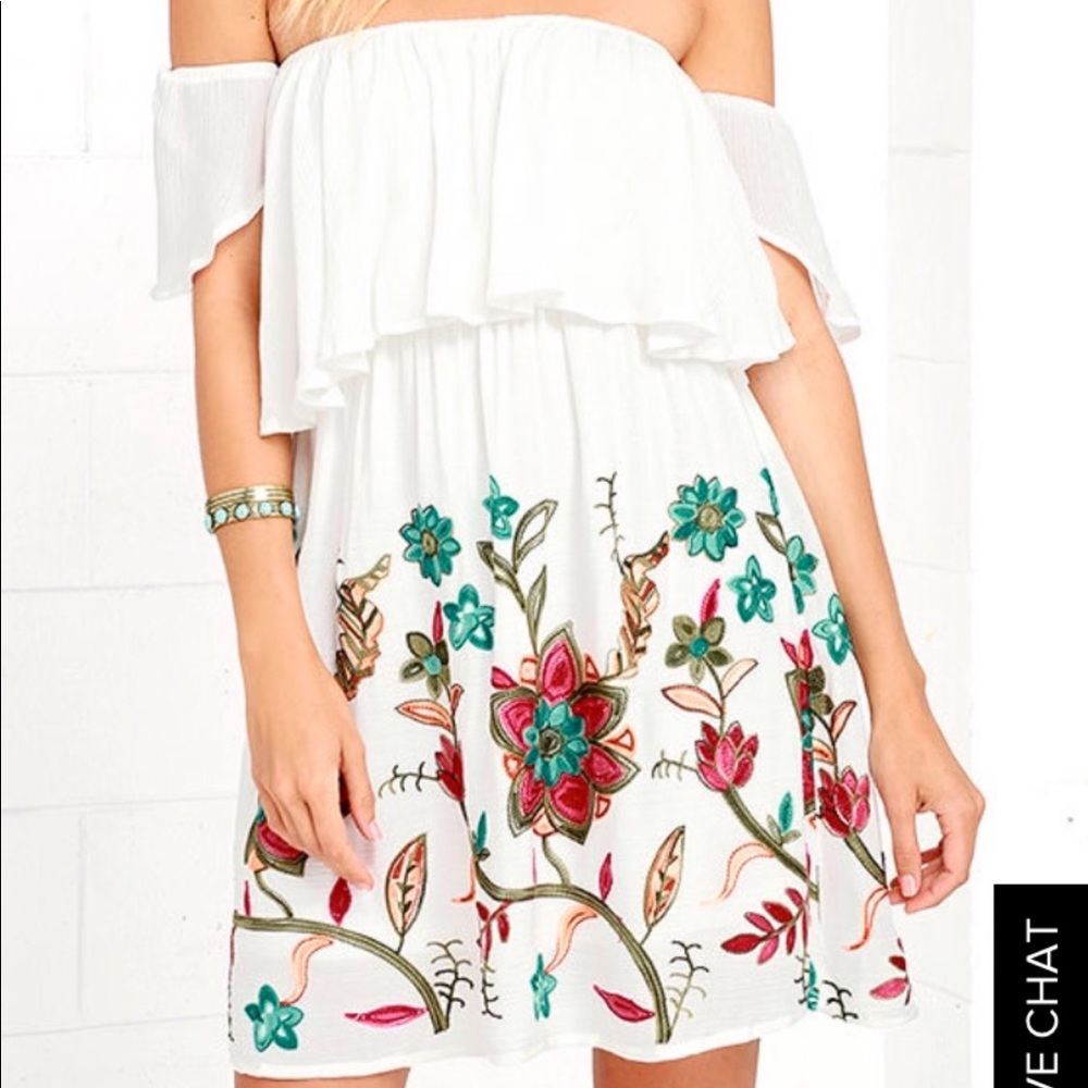 Lulu’s White Floral Embroidery Off Shoulder Dress